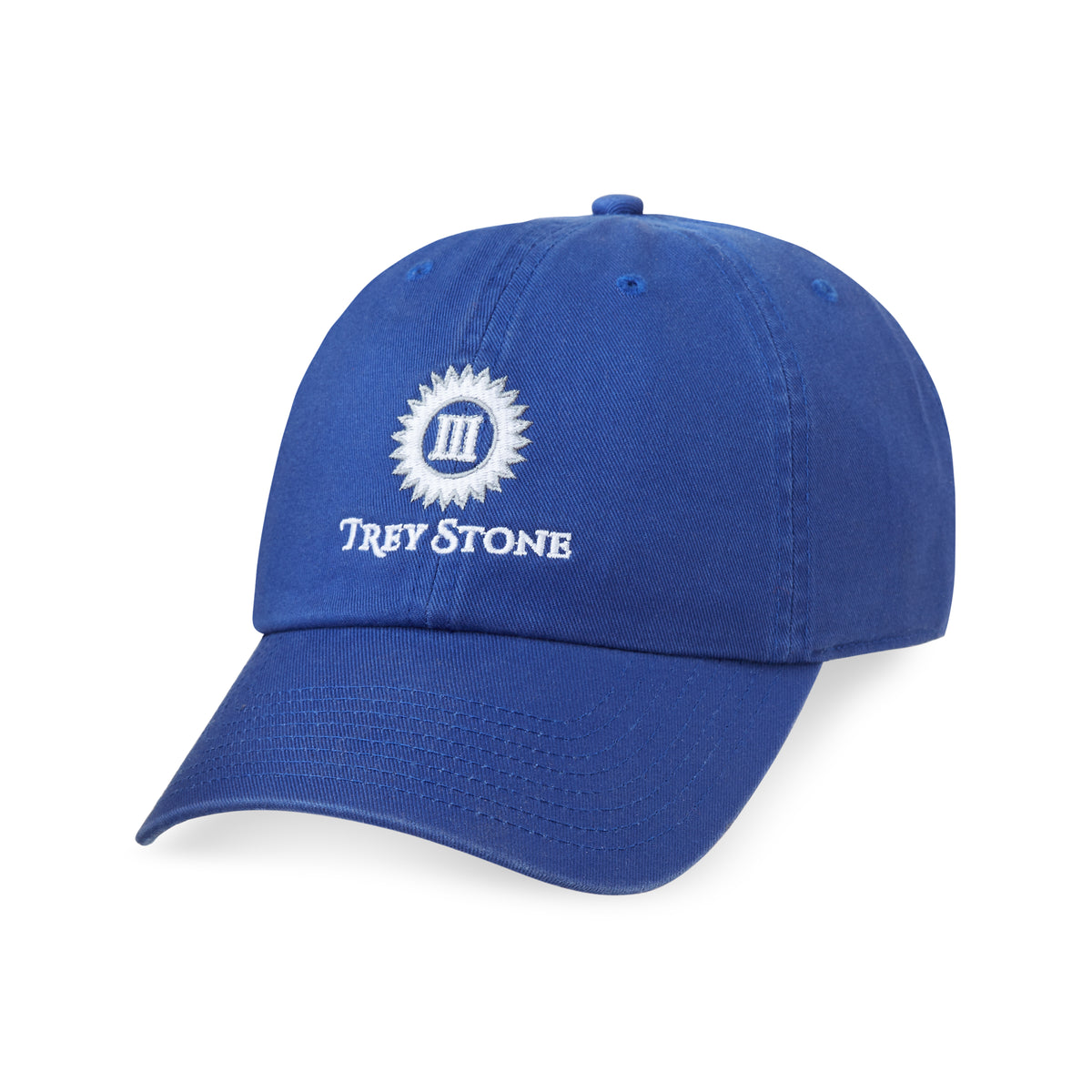 Trey Stone Watch Company blue adjustable baseball cap with embroidered orange and white Trey Stone logo on the front.